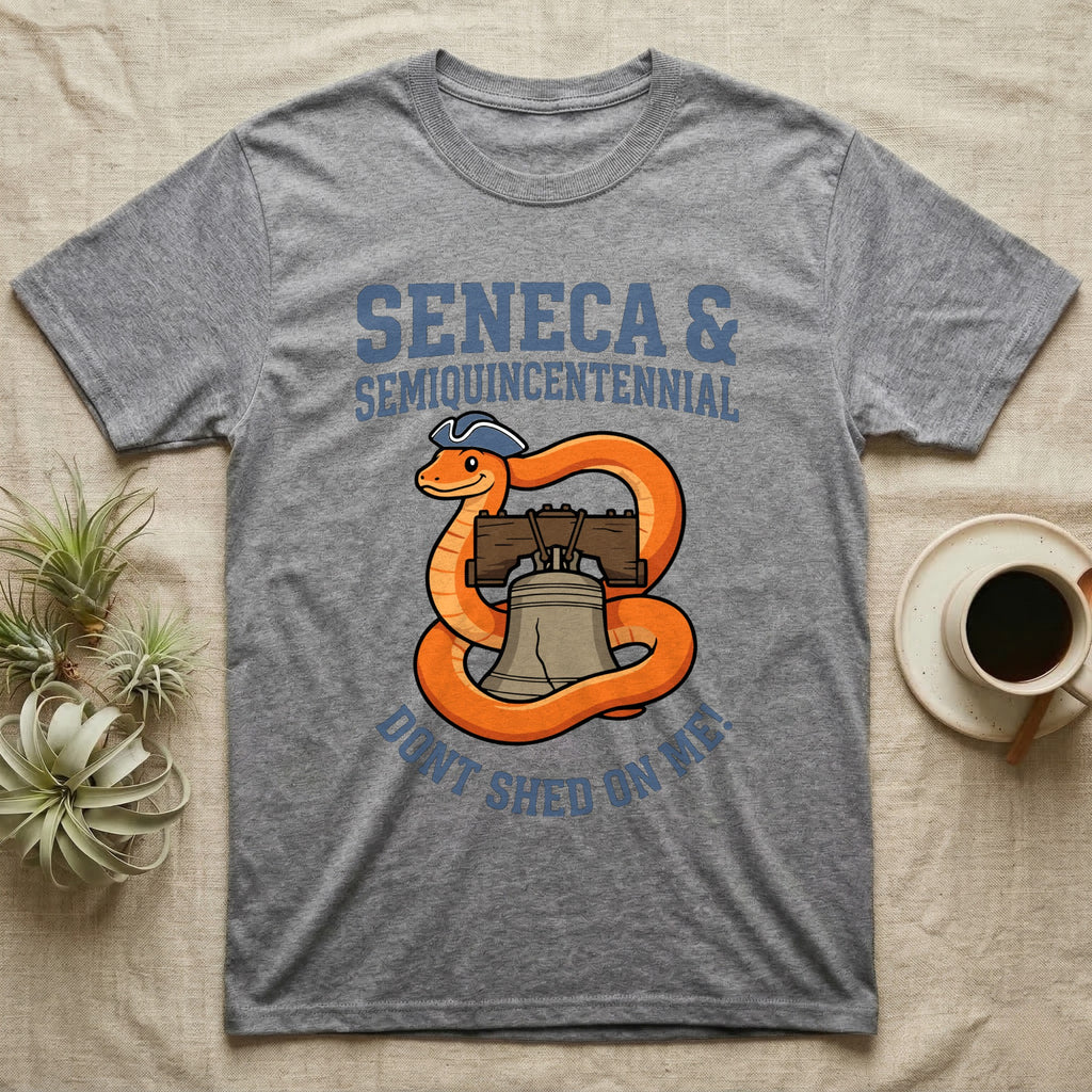 Corn Snake Don't Shed T-Shirt in Sport Grey — Cartoon orange snake in a tricorn hat coiled around the Liberty Bell with text Don't Shed On Me.