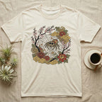 T-shirt featuring a cute jumping spider surrounded by floral elements.