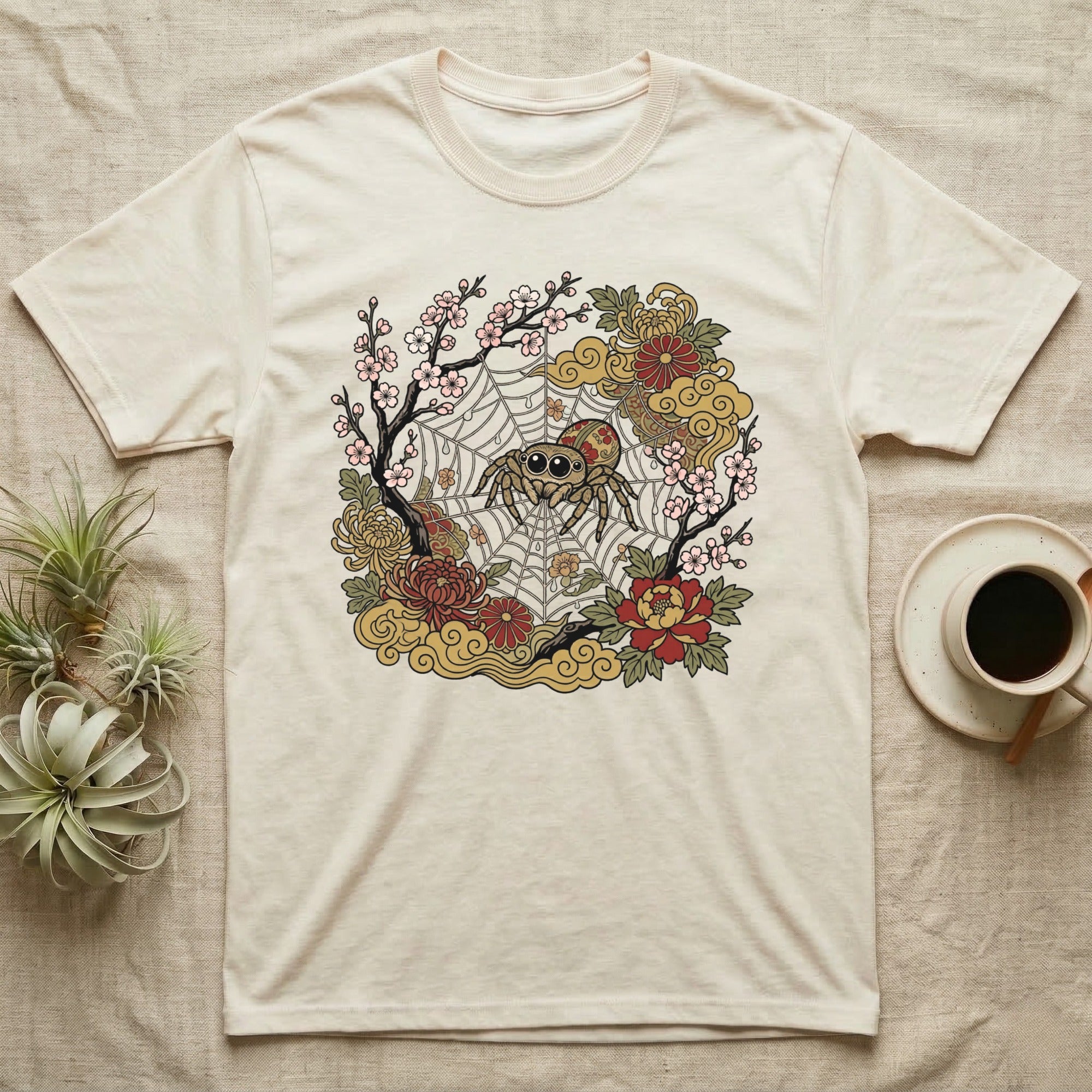 T-shirt featuring a cute jumping spider surrounded by floral elements.
