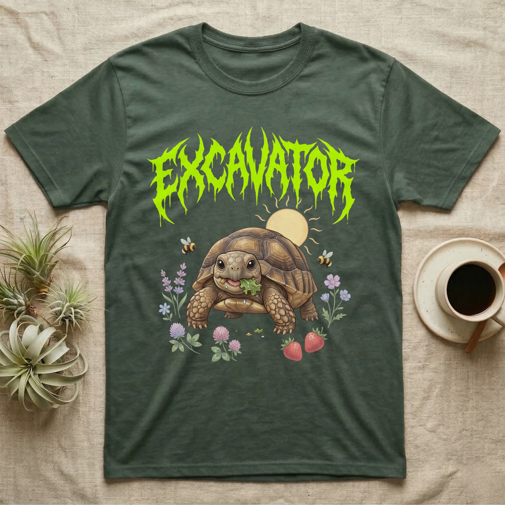 Russian Tortoise Feral T-Shirt in Military Green — Chubby Russian tortoise munching a green in a pastel meadow under a spiky lime metal wordmark reading EXCAVATOR.