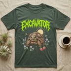 Russian Tortoise Feral T-Shirt in Military Green — Chubby Russian tortoise munching a green in a pastel meadow under a spiky lime metal wordmark reading EXCAVATOR.