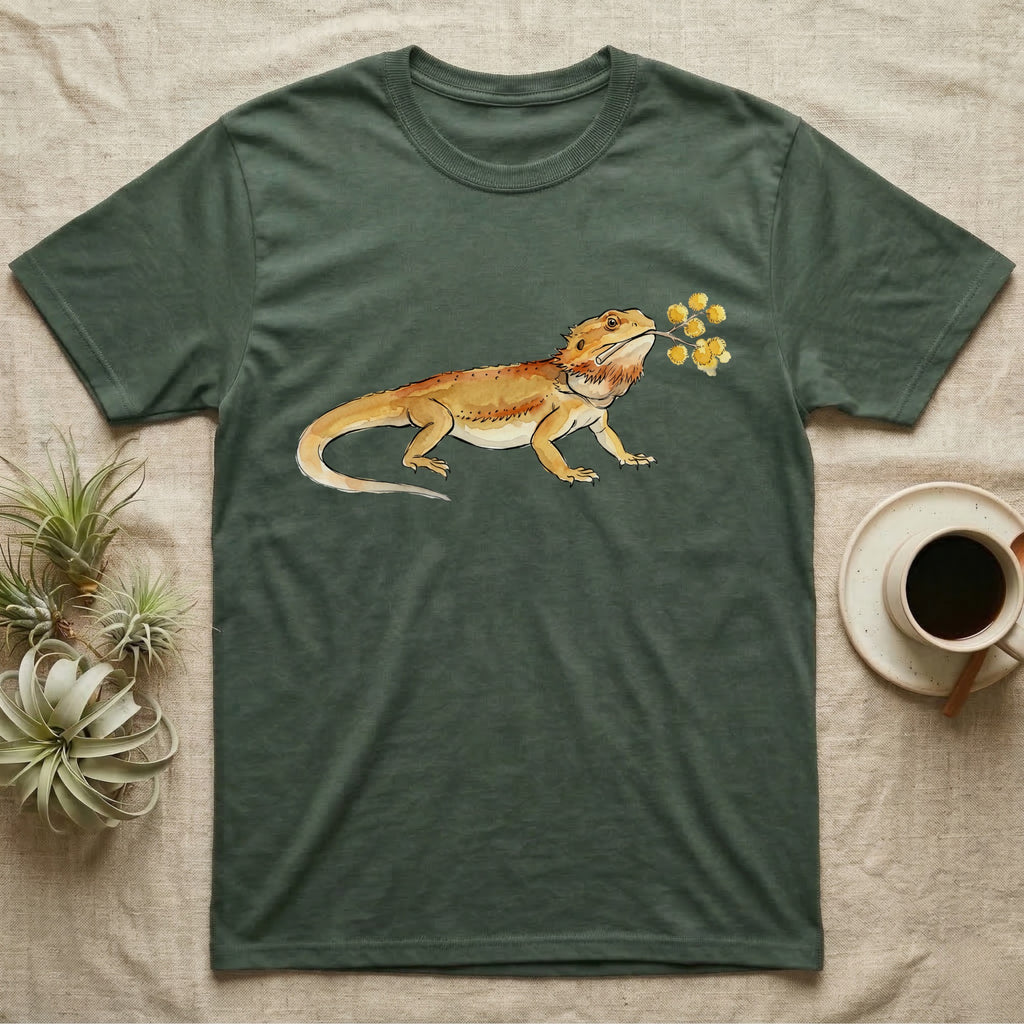Bearded Dragon Blossom T-Shirt in Military Green — Watercolor illustration of an ochre bearded dragon holding a golden wattle blossom sprig, on a dark grey t-shirt.
