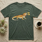 Bearded Dragon Blossom T-Shirt in Military Green — Watercolor illustration of an ochre bearded dragon holding a golden wattle blossom sprig, on a dark grey t-shirt.