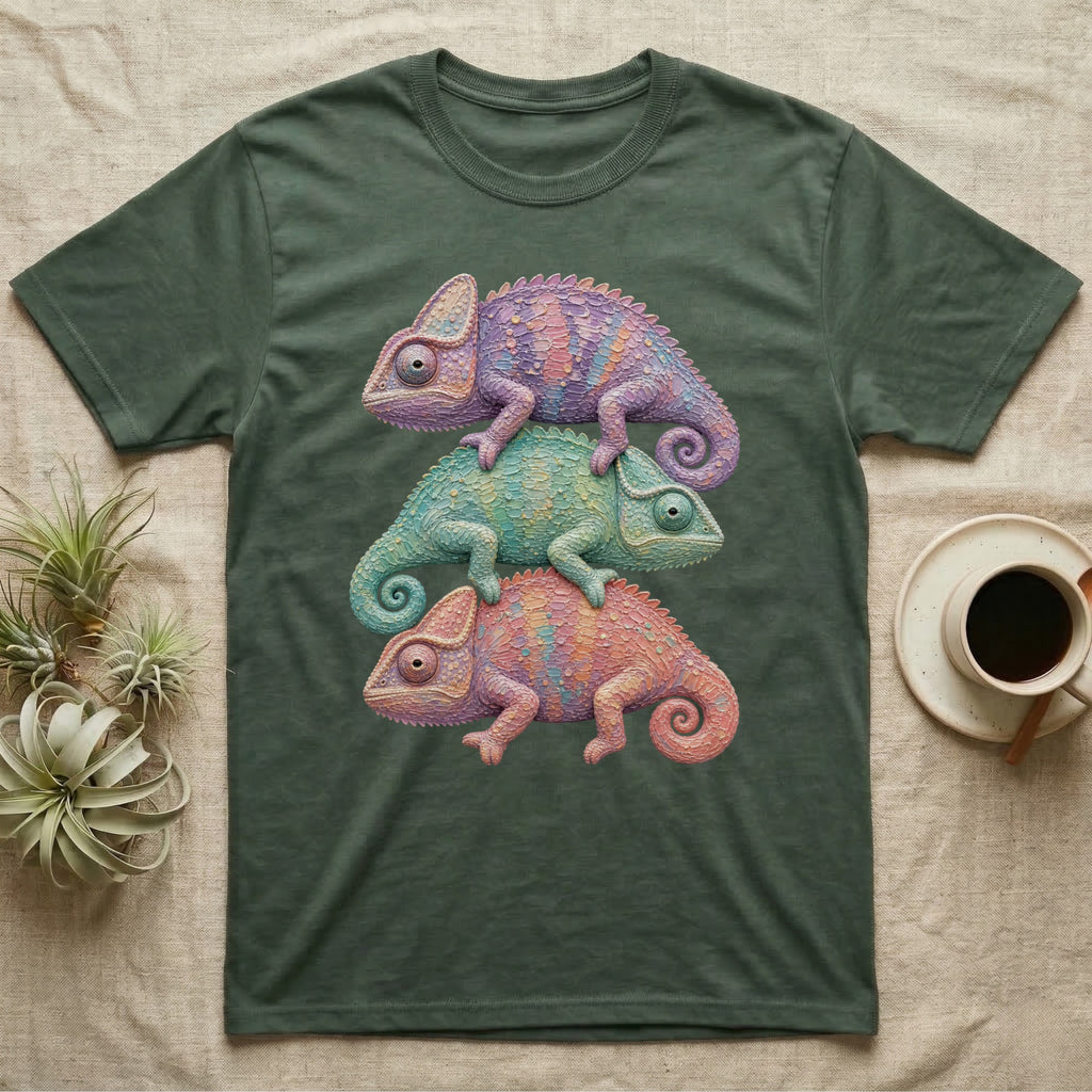 Green t-shirt with stacked chameleons graphic design.