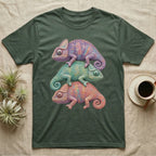 Green t-shirt with stacked chameleons graphic design.