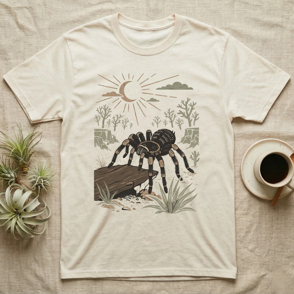 Red-Knee Tarantula Home Range T-Shirt in Natural — Woodcut-style illustration of a Mexican red-knee tarantula at its burrow entrance under a rock slab with desert scrub behind, no on-shirt text.