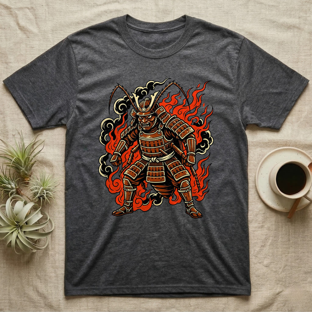 Dark t-shirt featuring a samurai warrior illustration with flames and smoke.