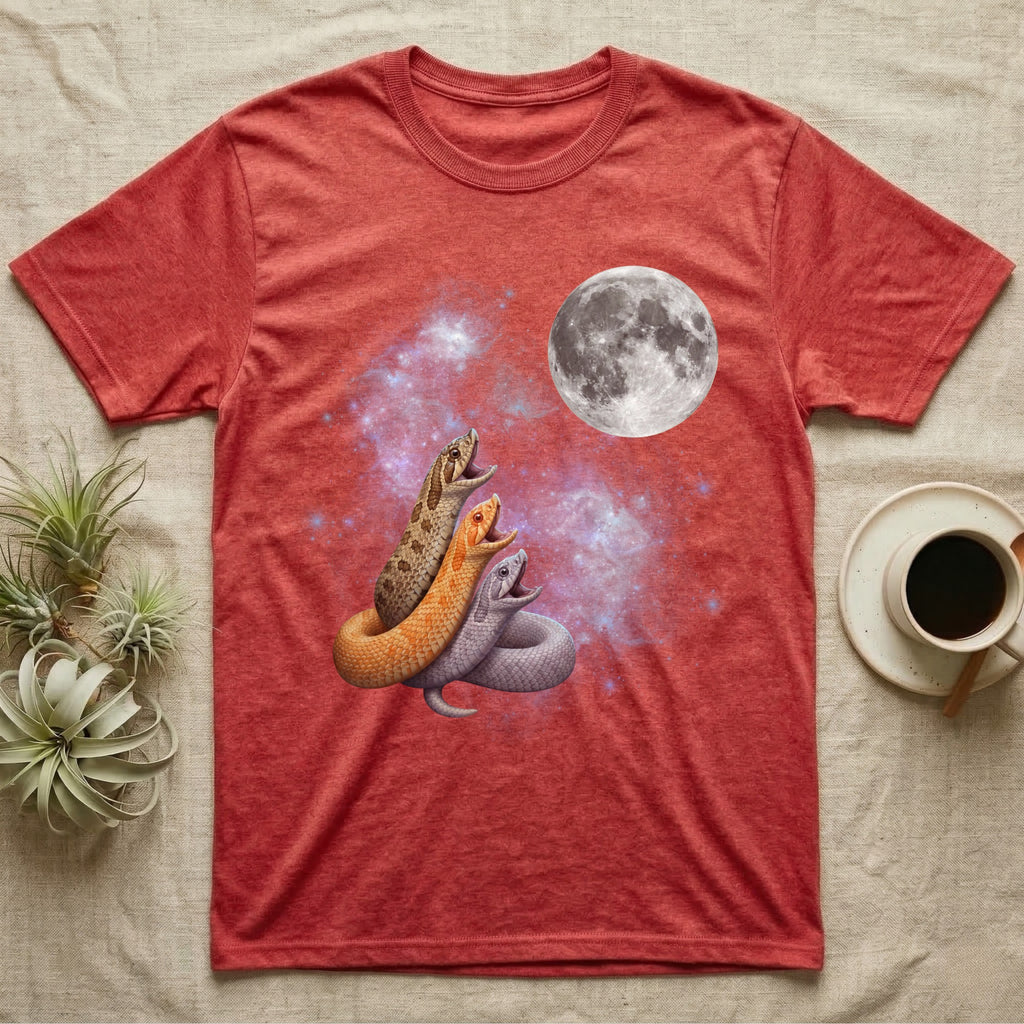 Western Hognose Snake Moon Howl T-Shirt in Heather Red — Three Western Hognose Snake colour morphs howling at a full moon over a nebula on a dark grey t-shirt.