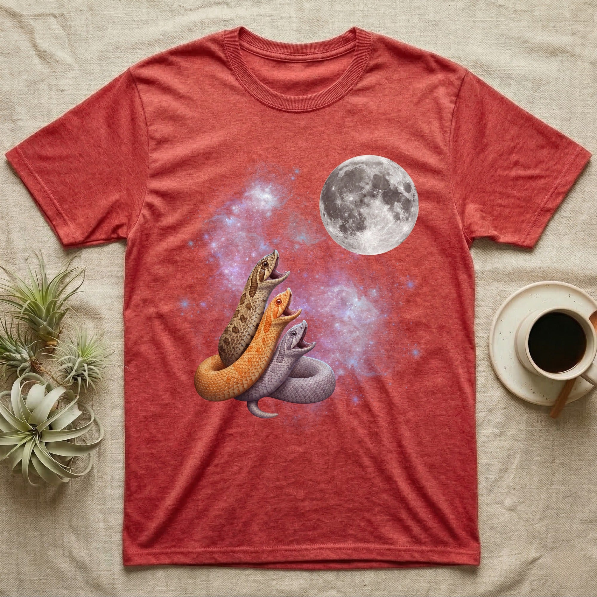Western Hognose Snake Moon Howl T-Shirt in Heather Red — Three Western Hognose Snake colour morphs howling at a full moon over a nebula on a dark grey t-shirt.