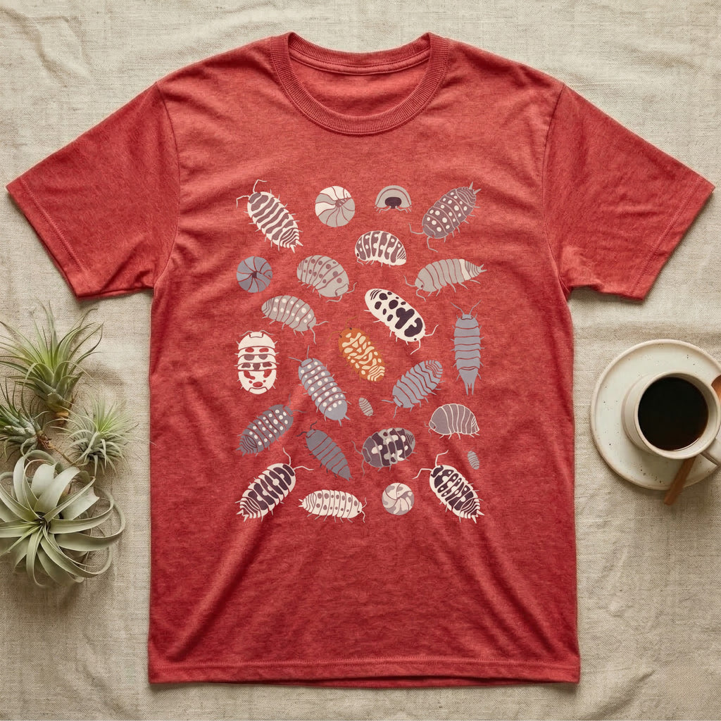 Isopod Morph Plate T-Shirt in Heather Red — About twenty-five flat-painted isopods scattered across grey, all shapes and patterns, one of them orange.