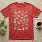 Isopod Morph Plate T-Shirt in Heather Red — About twenty-five flat-painted isopods scattered across grey, all shapes and patterns, one of them orange.