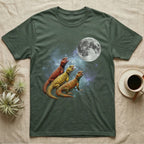 Uromastyx Moon Howl T-Shirt in Military Green — Three Uromastyx colour morphs howling at a full moon over a nebula on a dark grey t-shirt.