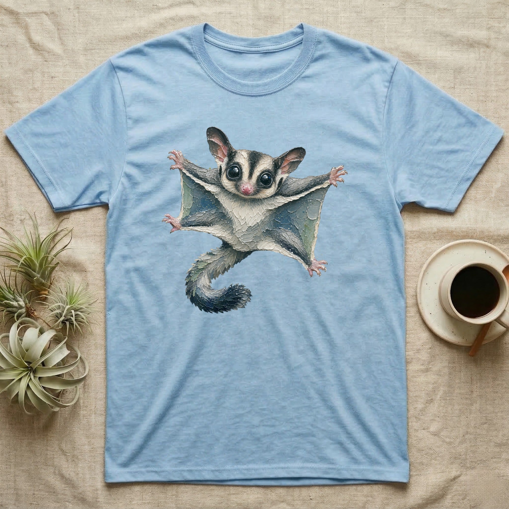 Light blue t-shirt with a flying sugar glider illustration.