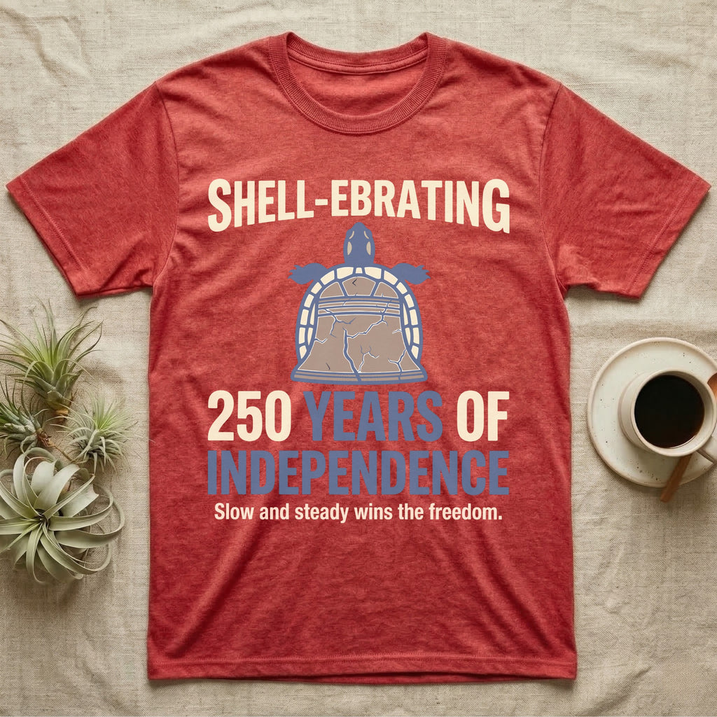 Sea Turtle Liberty Bell T-Shirt in Heather Red — Slate-blue and cream tee of a sea turtle whose shell is drawn as the Liberty Bell under Shell-Ebrating 250 Years text.