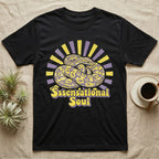 Black t-shirt with yellow and purple rays and a coiled snake graphic.