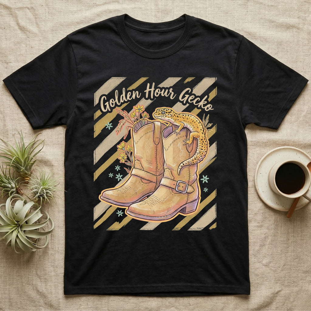 Black t-shirt with golden hour gecko and cowboy boots graphic.