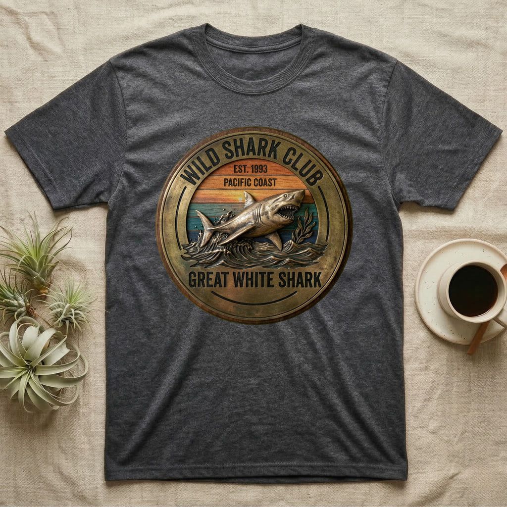 Dark grey t-shirt with circular "Wild Shark Club" Great White Shark graphic.