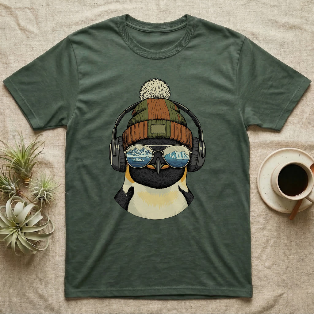 Penguin wearing headphones and sunglasses with mountain reflection.