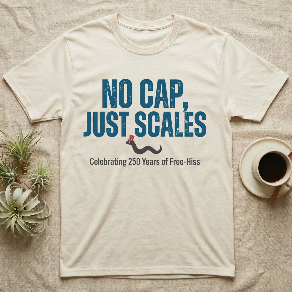 Rattlesnake No Cap T-Shirt in Natural — Big distressed text No Cap Just Scales over a tiny snake in a red top hat with 250 Years of Free-Hiss below.