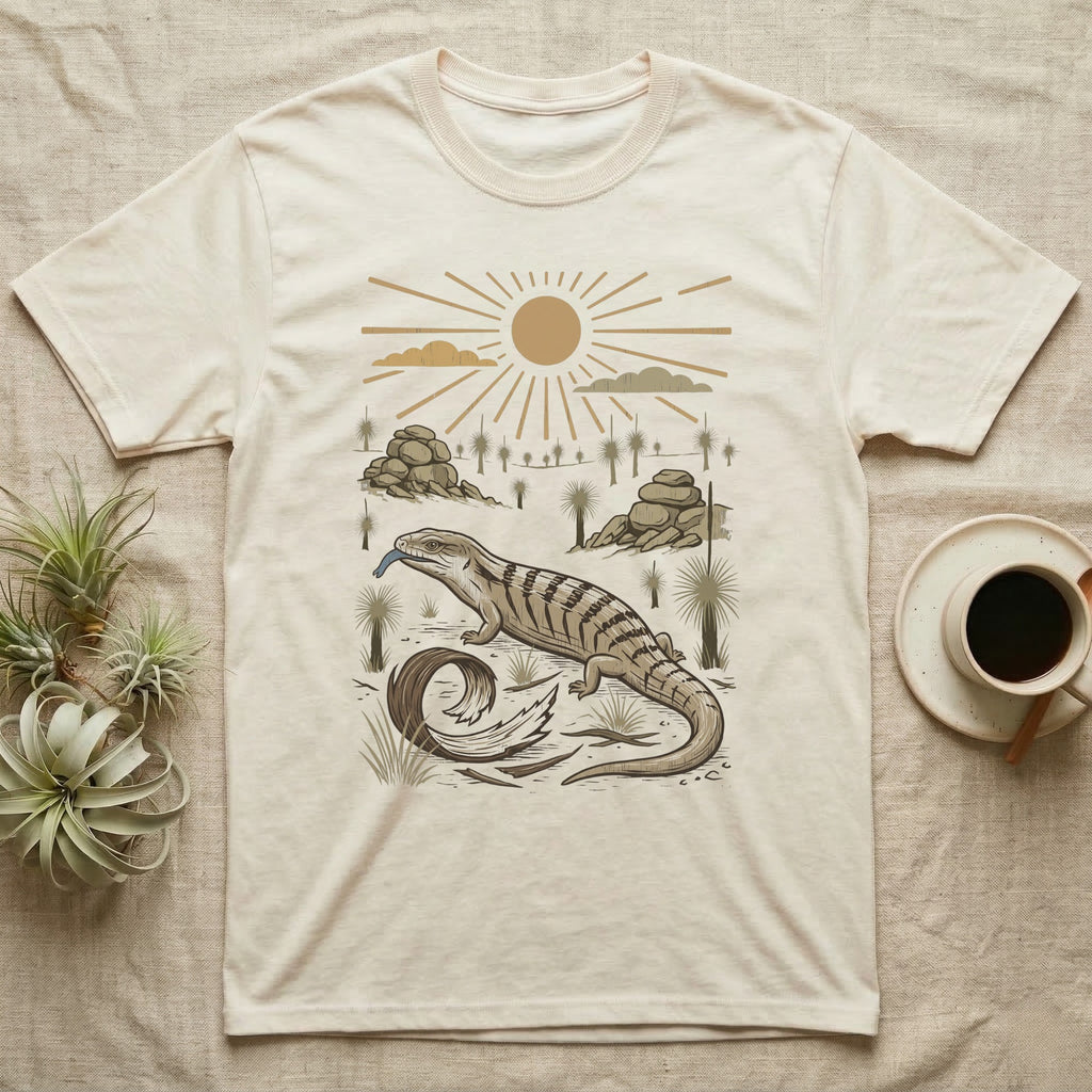 Blue-Tongued Skink Home Range T-Shirt in Natural — Woodcut-style illustration of a blue-tongued skink walking across bare soil with its tongue out, shed skin and grass trees behind, no on-shirt text.