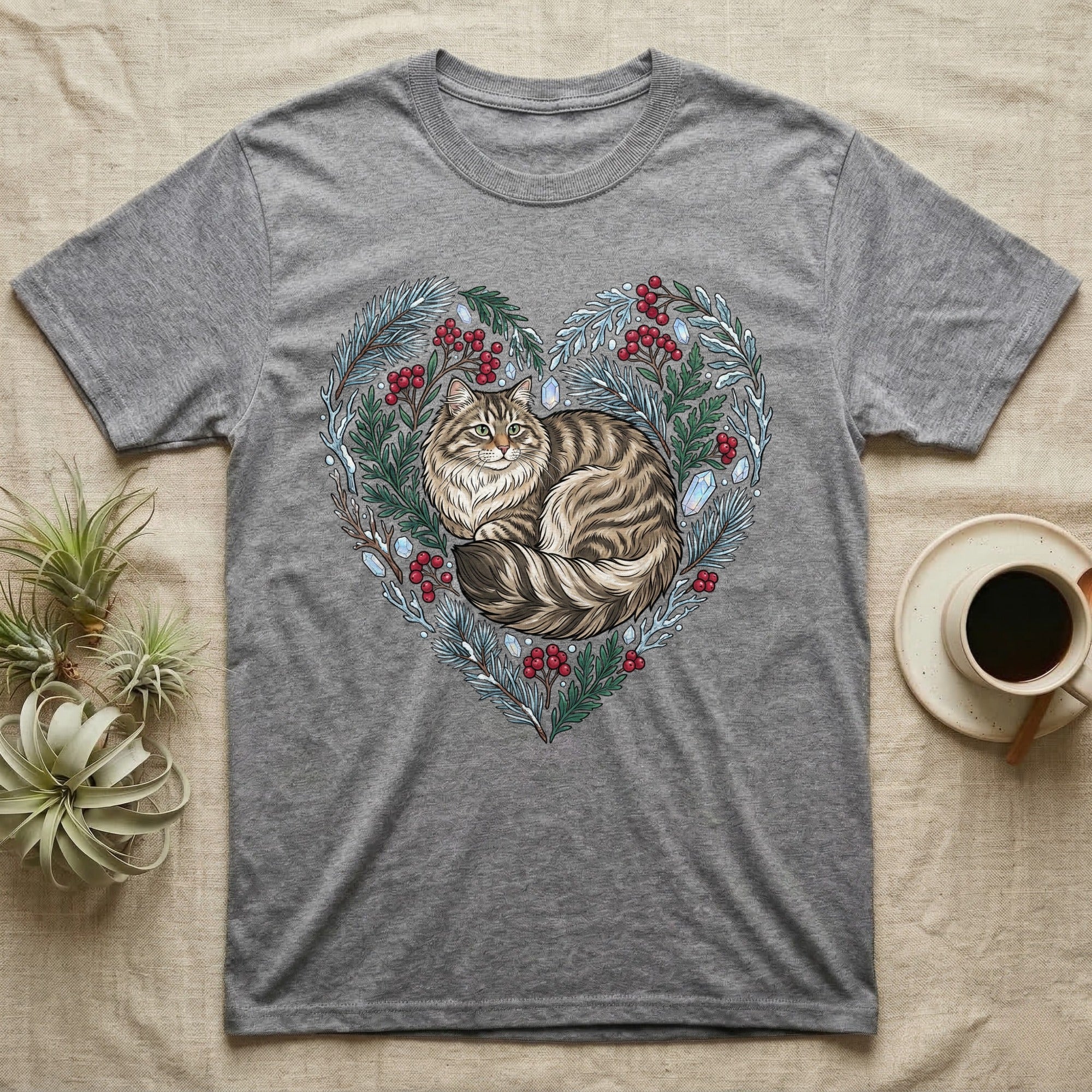Grey t-shirt with a heart-shaped floral and berry design framing a tabby cat.