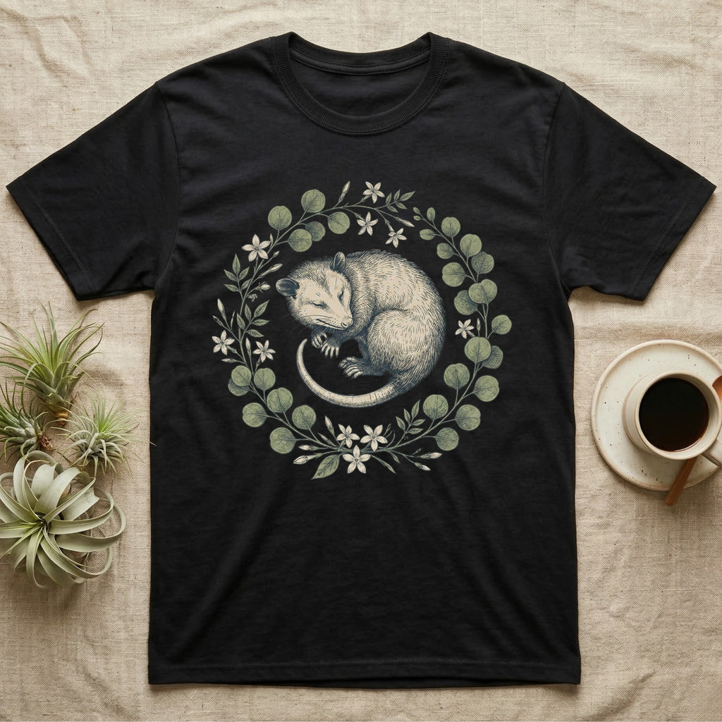 Black t-shirt with a sleeping possum in a floral wreath design.