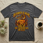 Ball Python October Thermostat T-Shirt in Dark Heather — Metal-band style ball python coiled over a glowing jack-o'-lantern, "October Is Here, Turn Up the Thermostat Or Else."