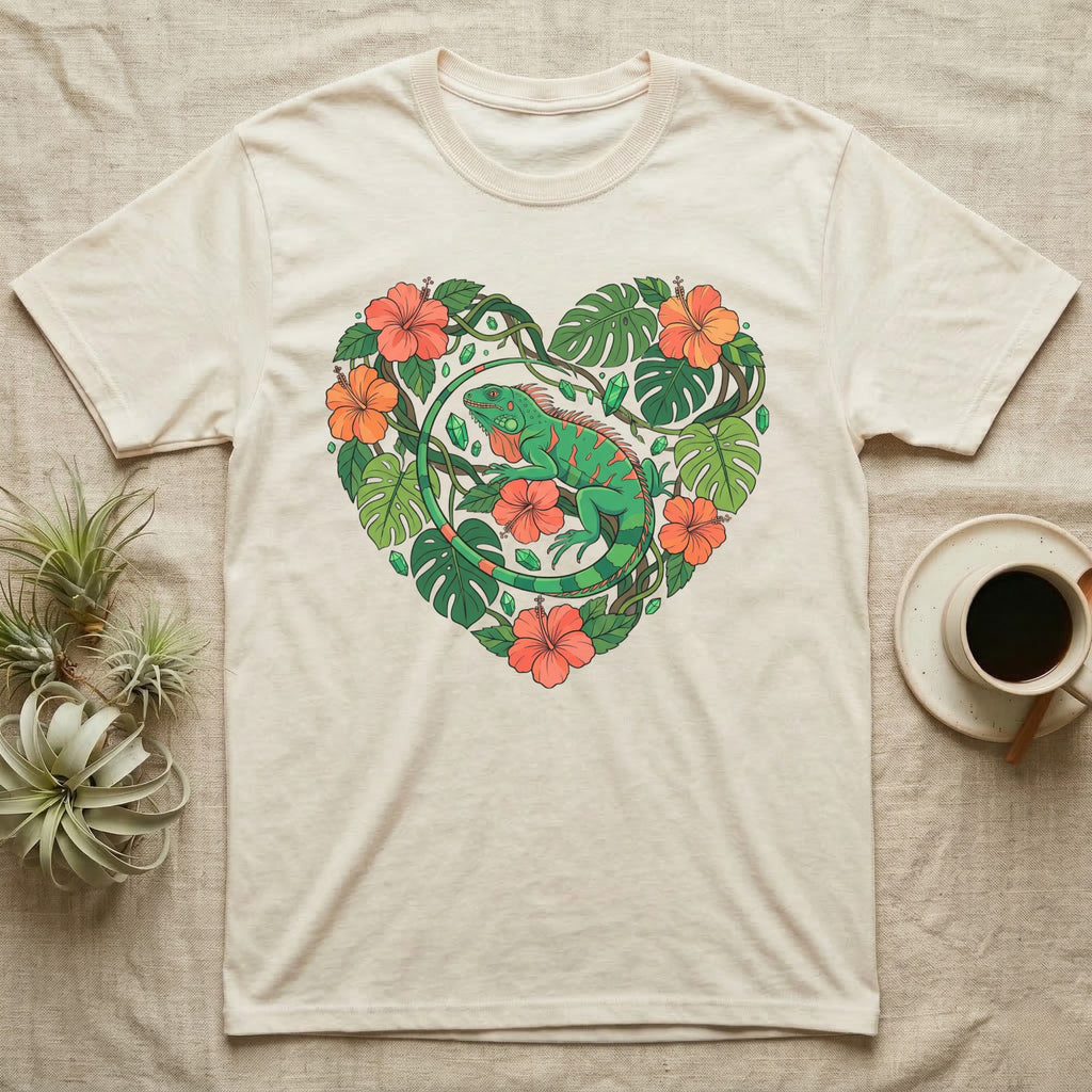 Cream t-shirt with heart-shaped floral design featuring a green iguana.