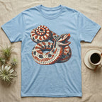 Hognose Snake Hood Flare T-Shirt in Light Blue — Bold three-colour screen-print illustration of a coiled western hognose snake with its neck flared into a hood and mouth open, no on-shirt text.