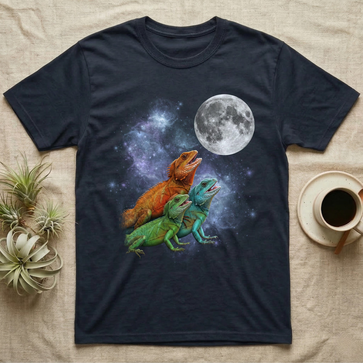 Chinese Water Dragon Moon Howl T-Shirt in Navy — Three Chinese Water Dragon colour morphs howling at a full moon over a nebula on a dark grey t-shirt.
