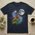 Chinese Water Dragon Moon Howl T-Shirt in Navy — Three Chinese Water Dragon colour morphs howling at a full moon over a nebula on a dark grey t-shirt.