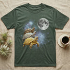 Sulcata Tortoise Moon Howl T-Shirt in Military Green — Three Sulcata Tortoise colour morphs howling at a full moon over a nebula on a dark grey t-shirt.