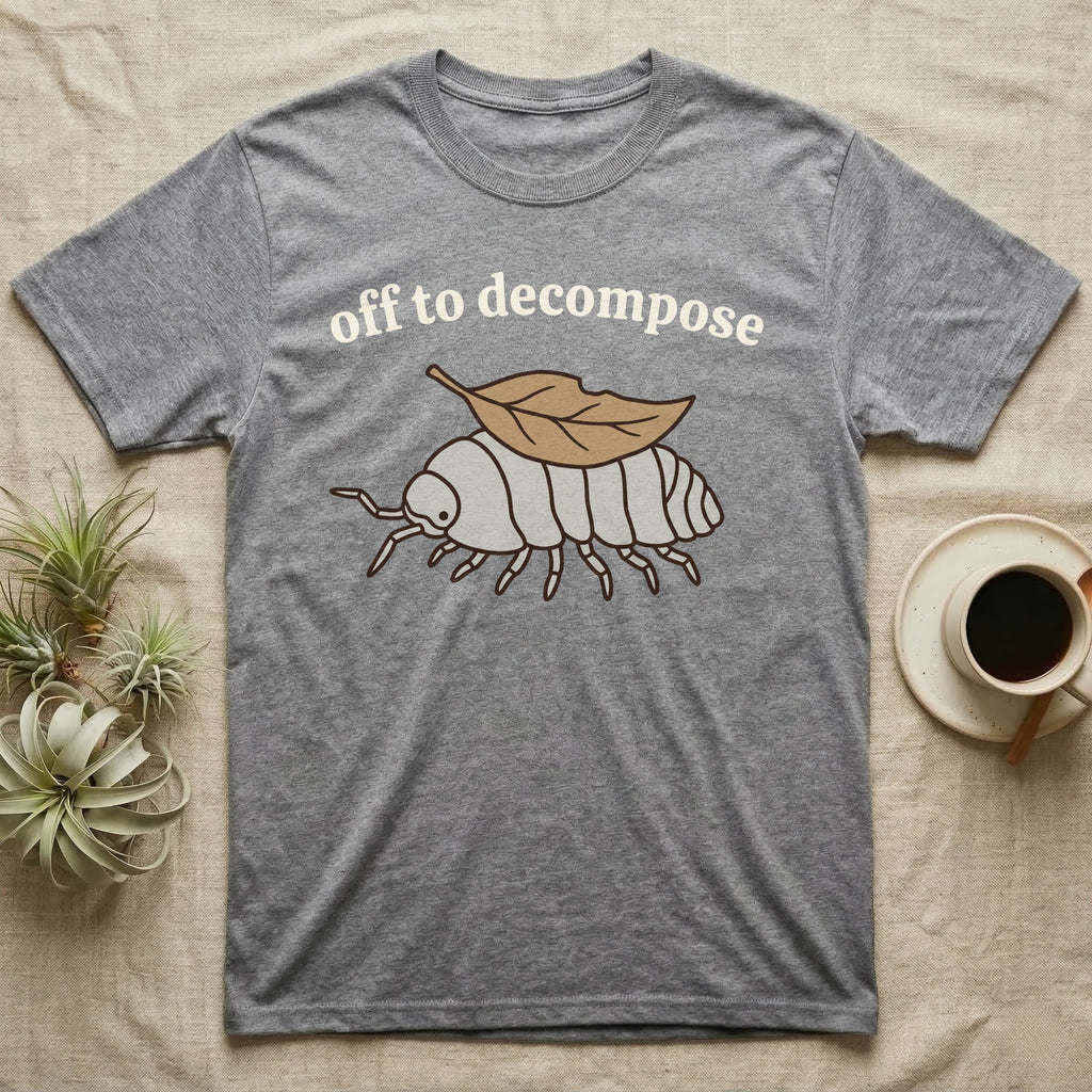 Isopod Decomposer T-Shirt in Sport Grey — Minimal doodle of a grey isopod walking off with a dead leaf on its back under the words off to decompose