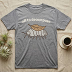 Isopod Decomposer T-Shirt in Sport Grey — Minimal doodle of a grey isopod walking off with a dead leaf on its back under the words off to decompose