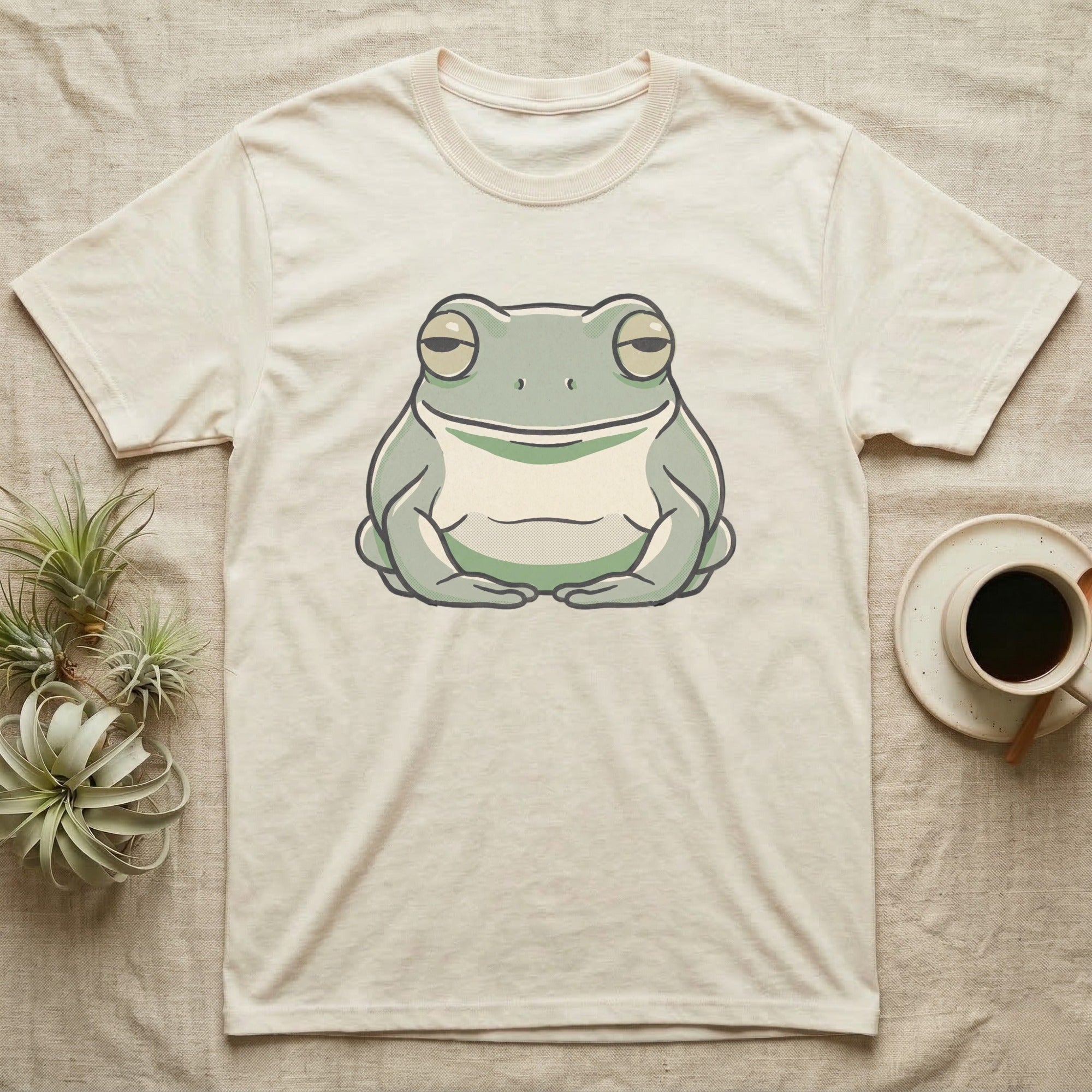 Tree Frog Deadpan T-Shirt in Natural — Bold vector portrait of a White's tree frog with a flat deadpan expression and a naturally smiling mouth line.