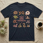 Snake Keeper Personalities T-Shirt in Navy — Outline illustration of five snakes in different postures scattered around hand-lettered script on grey.