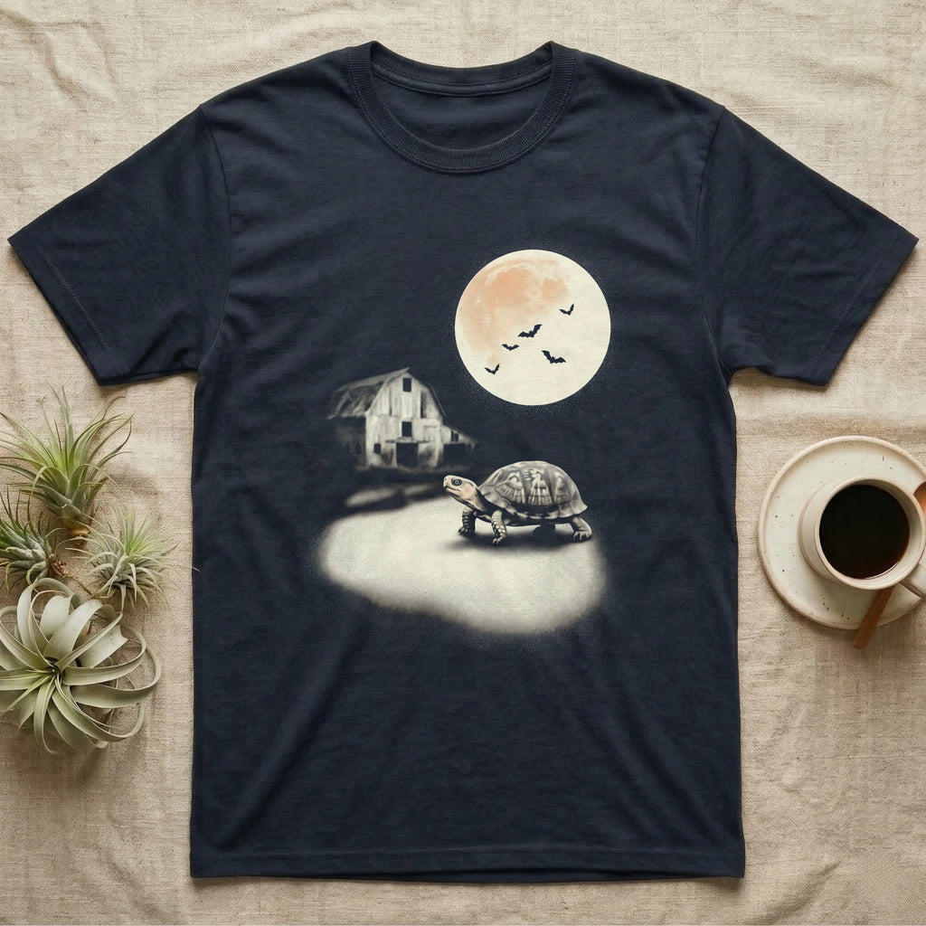 Box Turtle Moonlight T-Shirt in Navy — An eastern box turtle mid-step across a moonlit yard, a derelict barn behind it and a large cream moon high right.
