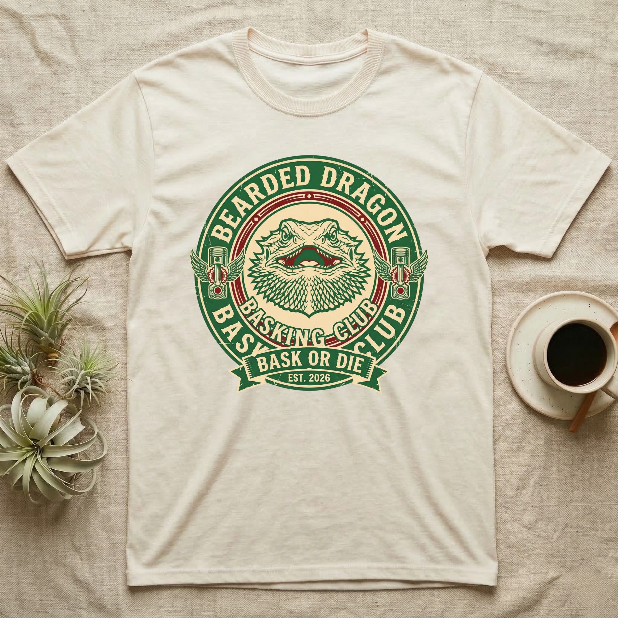 Bearded Dragon Basking Club EST. 2026 graphic on a cream t-shirt.