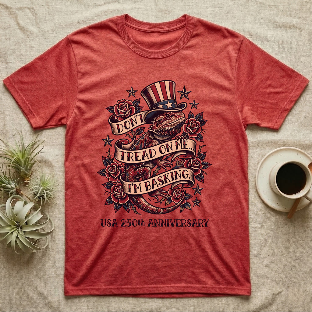 Bearded Dragon Tattoo T-Shirt in Heather Red — Tattoo-flash bearded dragon in a star top hat among roses with banners reading Don't Tread On Me I'm Basking.