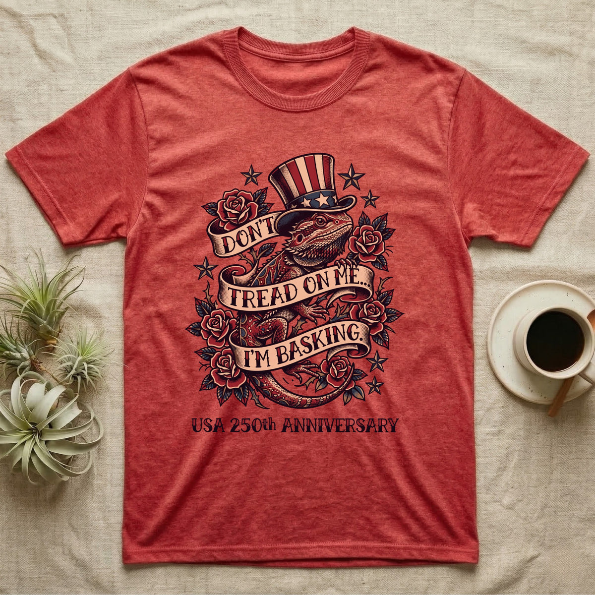 Bearded Dragon Tattoo T-Shirt in Heather Red — Tattoo-flash bearded dragon in a star top hat among roses with banners reading Don't Tread On Me I'm Basking.
