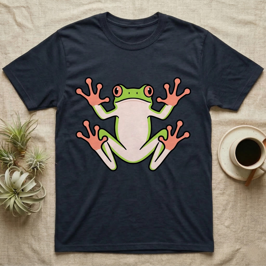 Tree Frog On Glass T-Shirt in Navy — Vector-bold tree frog plastered against implied glass, suction feet splayed wide, small "Tree Frog On Glass." caption.