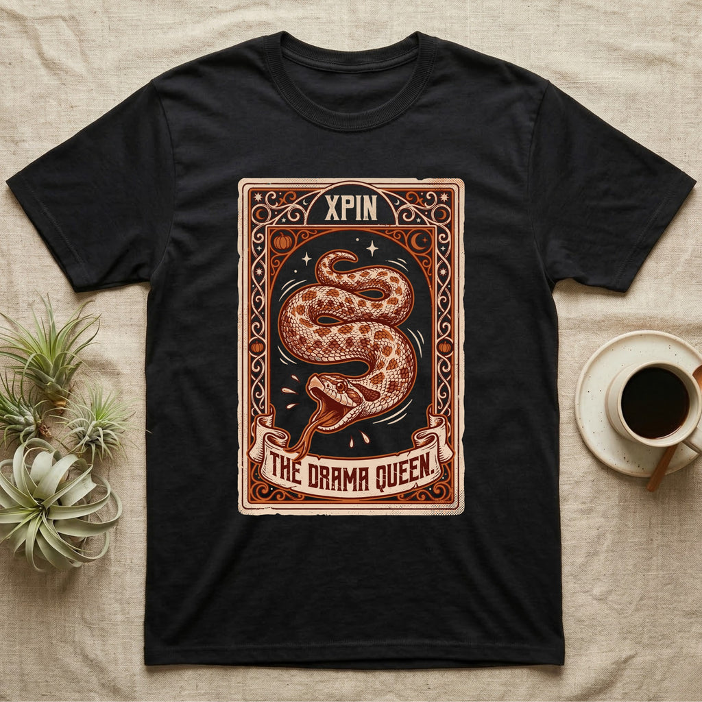 Hognose Snake Drama Queen T-Shirt in Black — Ornate tarot card of a western hognose snake playing dead, banner reading "The Drama Queen."