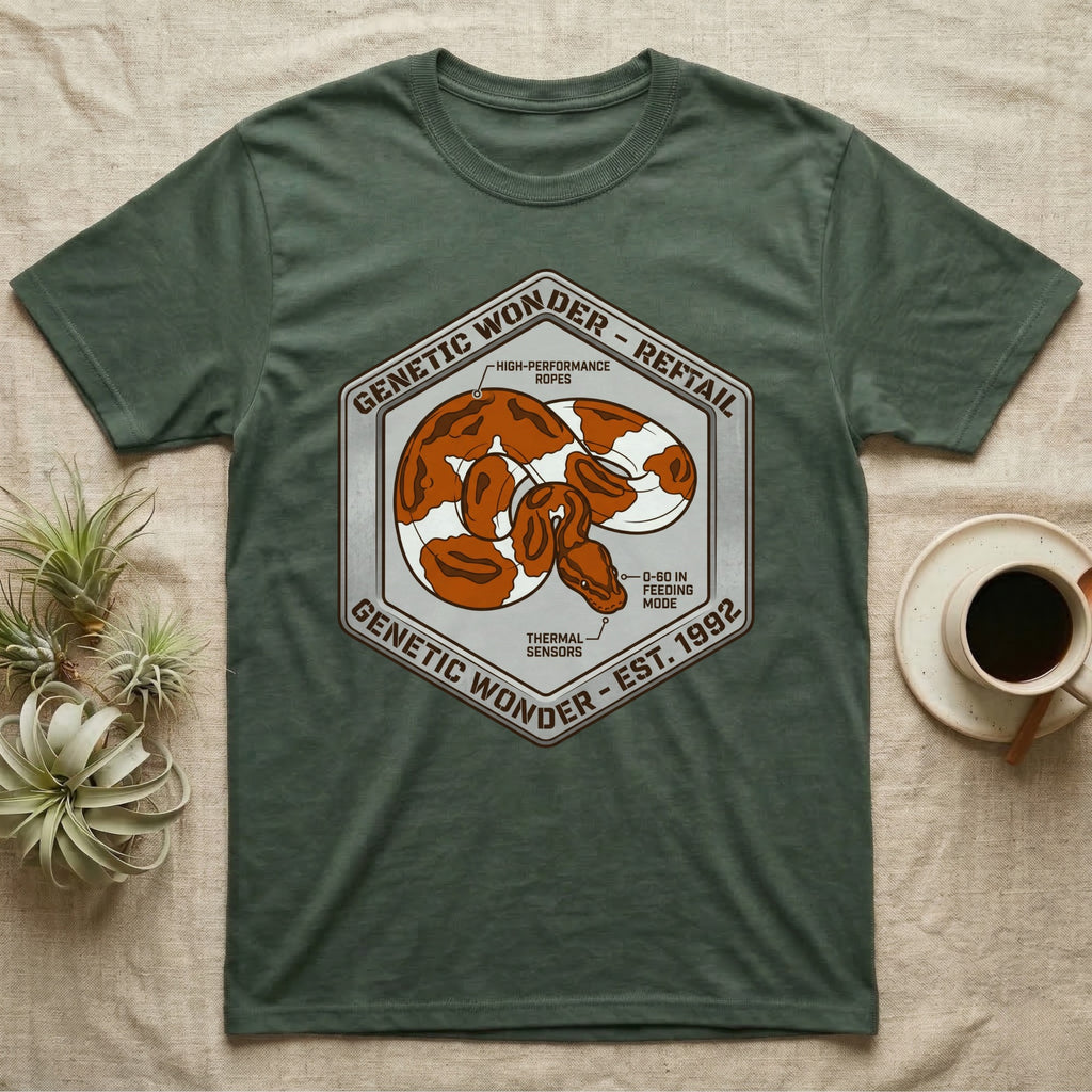 Green t-shirt with hexagonal logo featuring snake pattern and text "Genetic Wonder - Rerail".