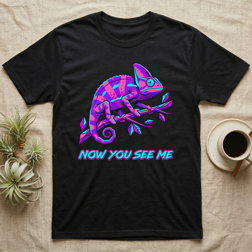 Black t-shirt with a neon purple and blue chameleon on a branch, reading "Now You See Me".