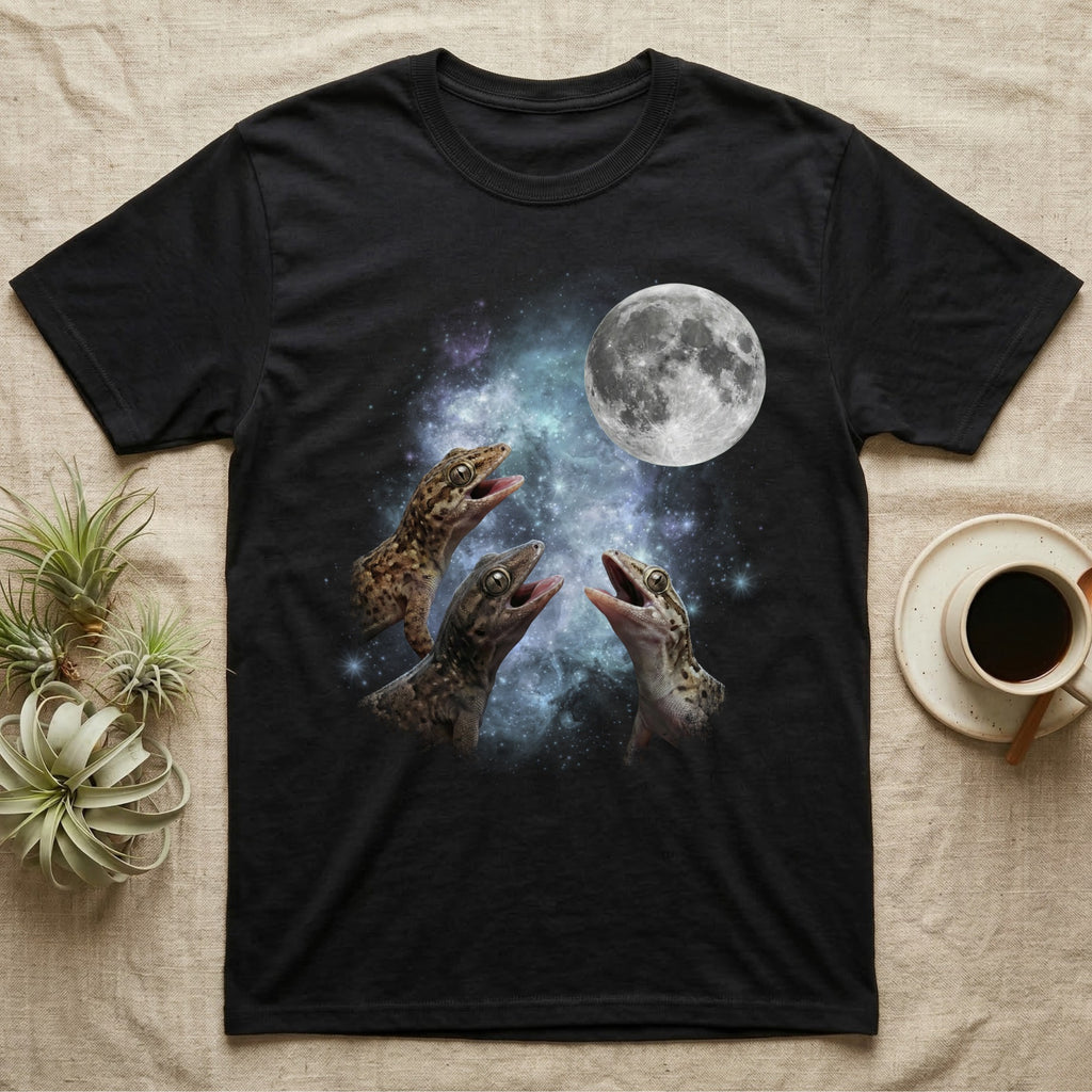 Mourning Gecko Moon Howl T-Shirt in Black — Three Mourning Gecko colour morphs howling at a full moon over a nebula on a dark grey t-shirt.