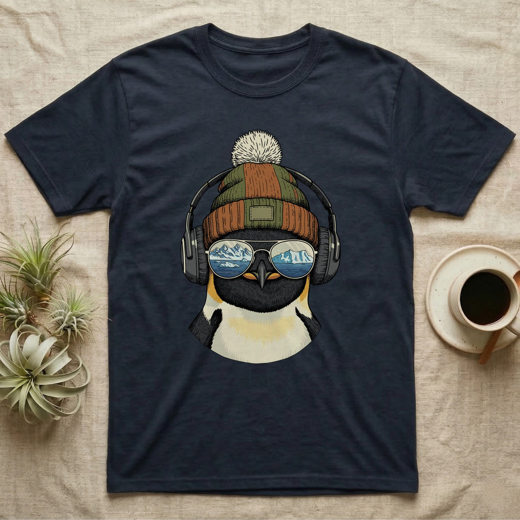Navy t-shirt with illustration of a penguin wearing headphones and sunglasses.
