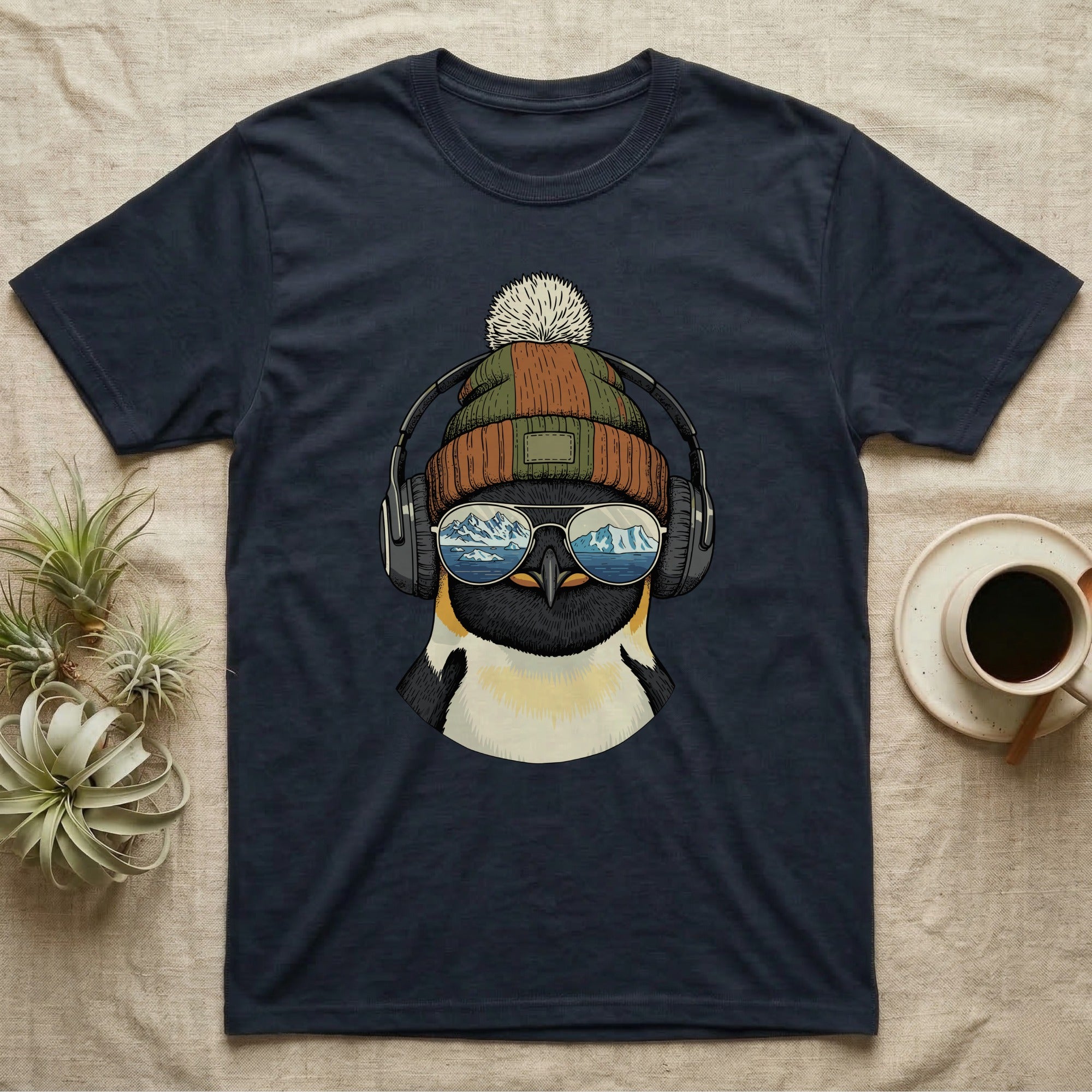 Navy t-shirt with illustration of a penguin wearing headphones and sunglasses.