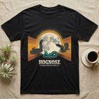 Three Hognose Moon Tee in Black — Retro-illustration of three western hognose snakes in distinct death-feign poses around a stratified halftone full moon.