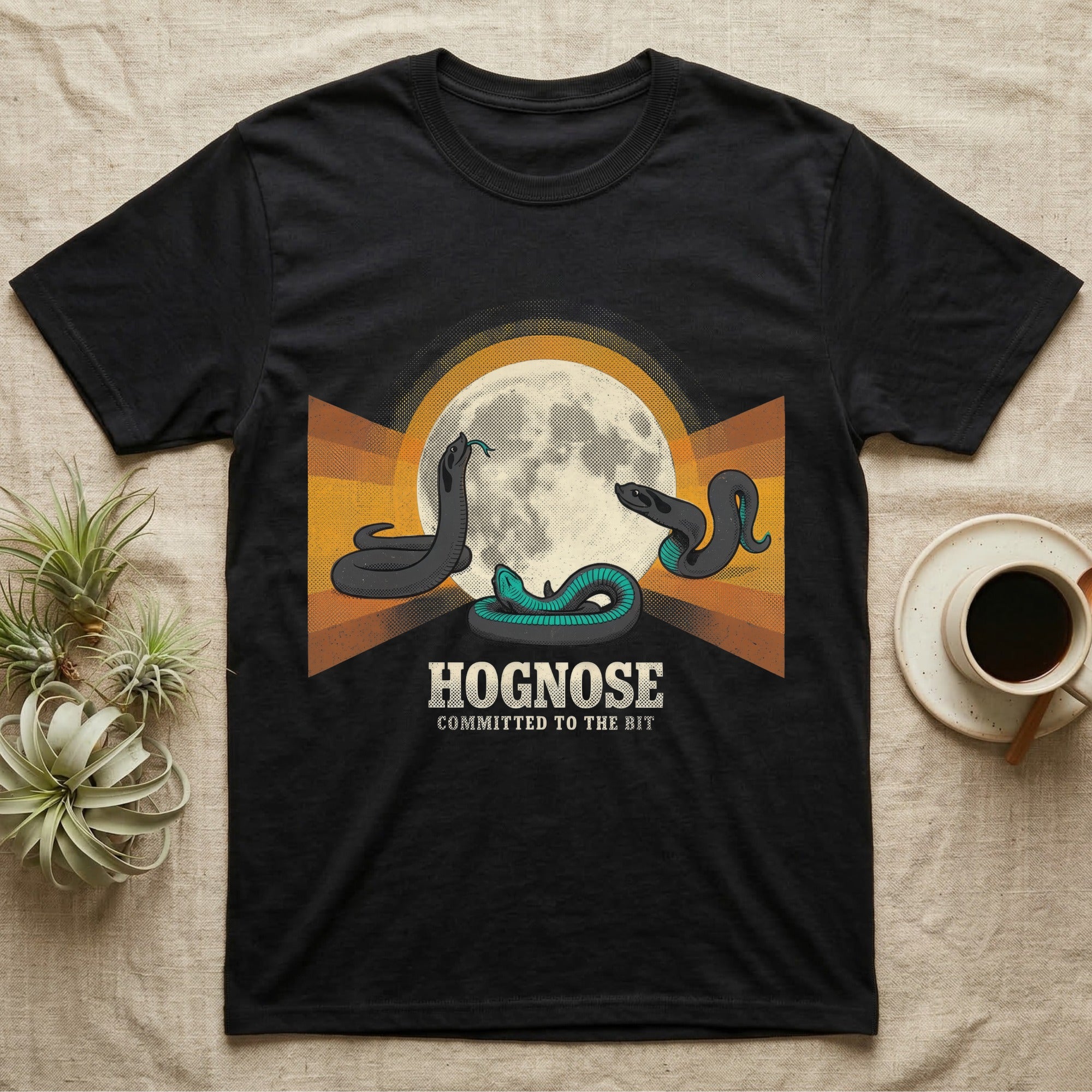 Three Hognose Moon Tee in Black — Retro-illustration of three western hognose snakes in distinct death-feign poses around a stratified halftone full moon.