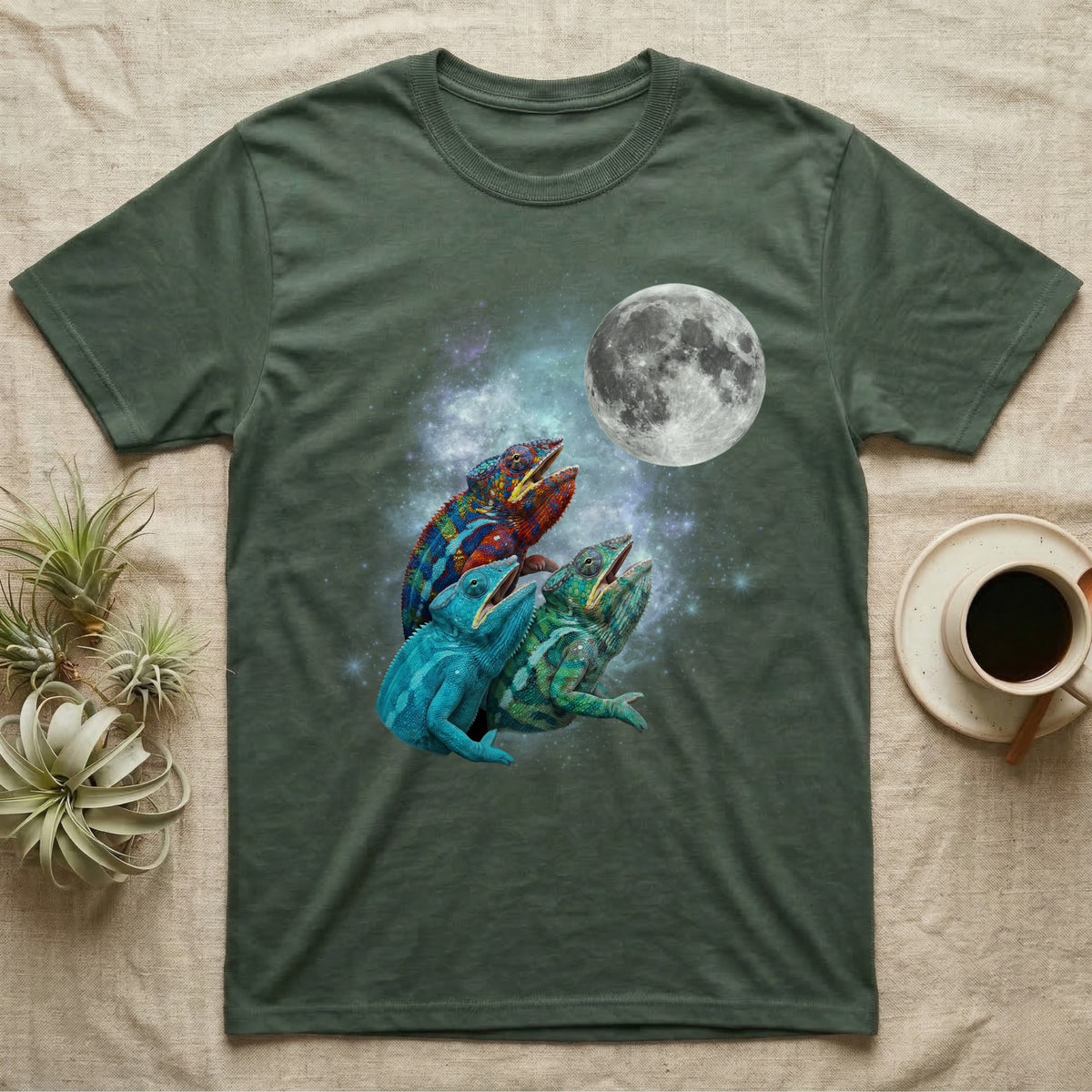 Panther Chameleon Moon Howl T-Shirt in Military Green — Three Panther Chameleon colour morphs howling at a full moon over a nebula on a dark grey t-shirt.